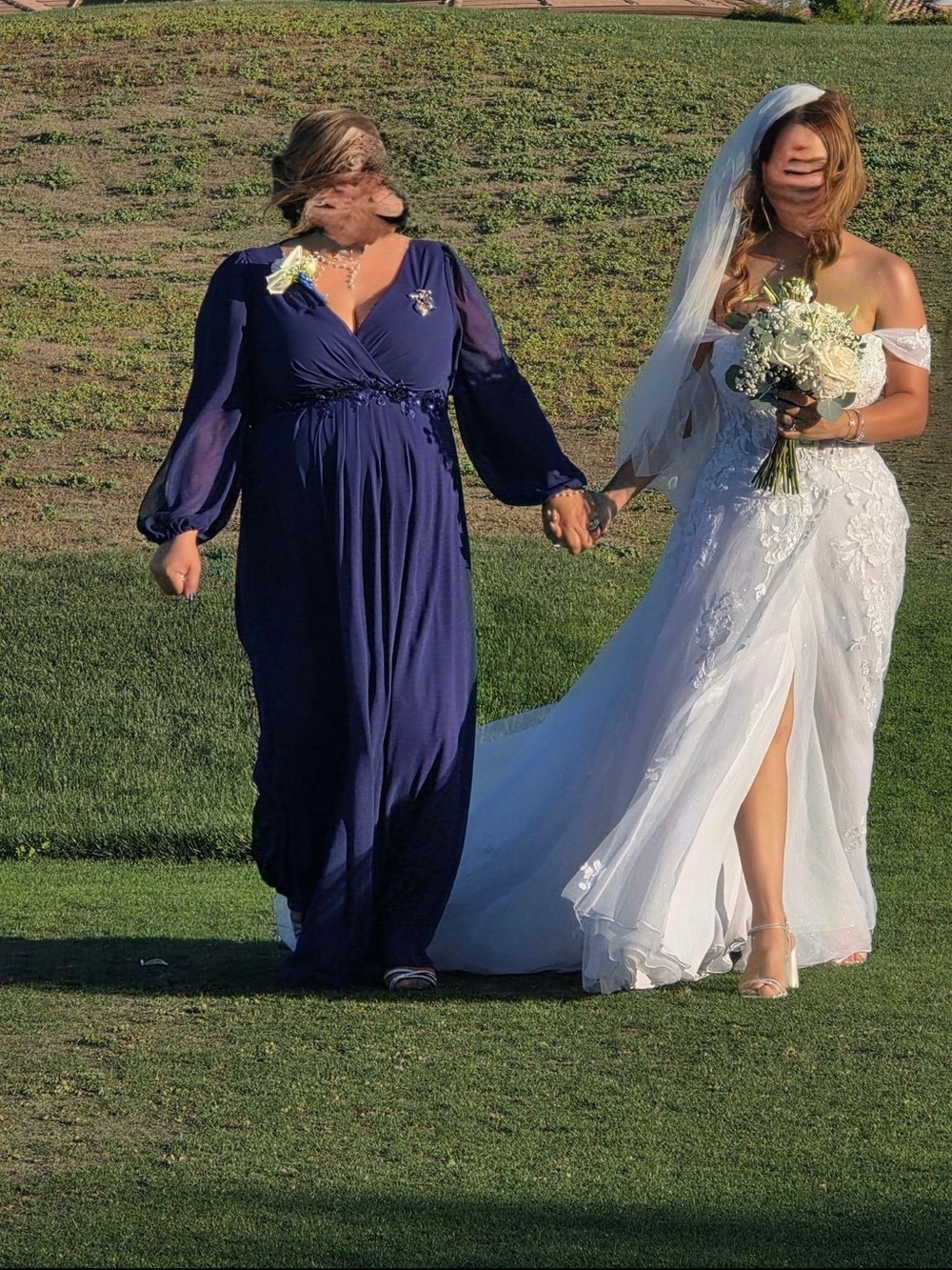 Plus Size Navy V-Neck Evening Gown with Embellished Waist - Picture 2 of 4